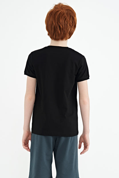 Black Print Detailed O Collar Standard Fit Boys' T-Shirt - 11131