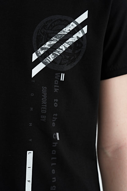 Black Print Detailed O Collar Standard Fit Boys' T-Shirt - 11131