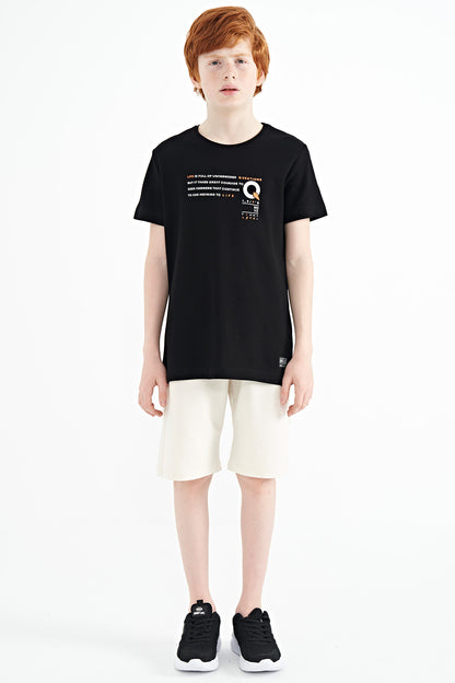 Black Print Detailed O Collar Standard Fit Boys' T-Shirt - 11145