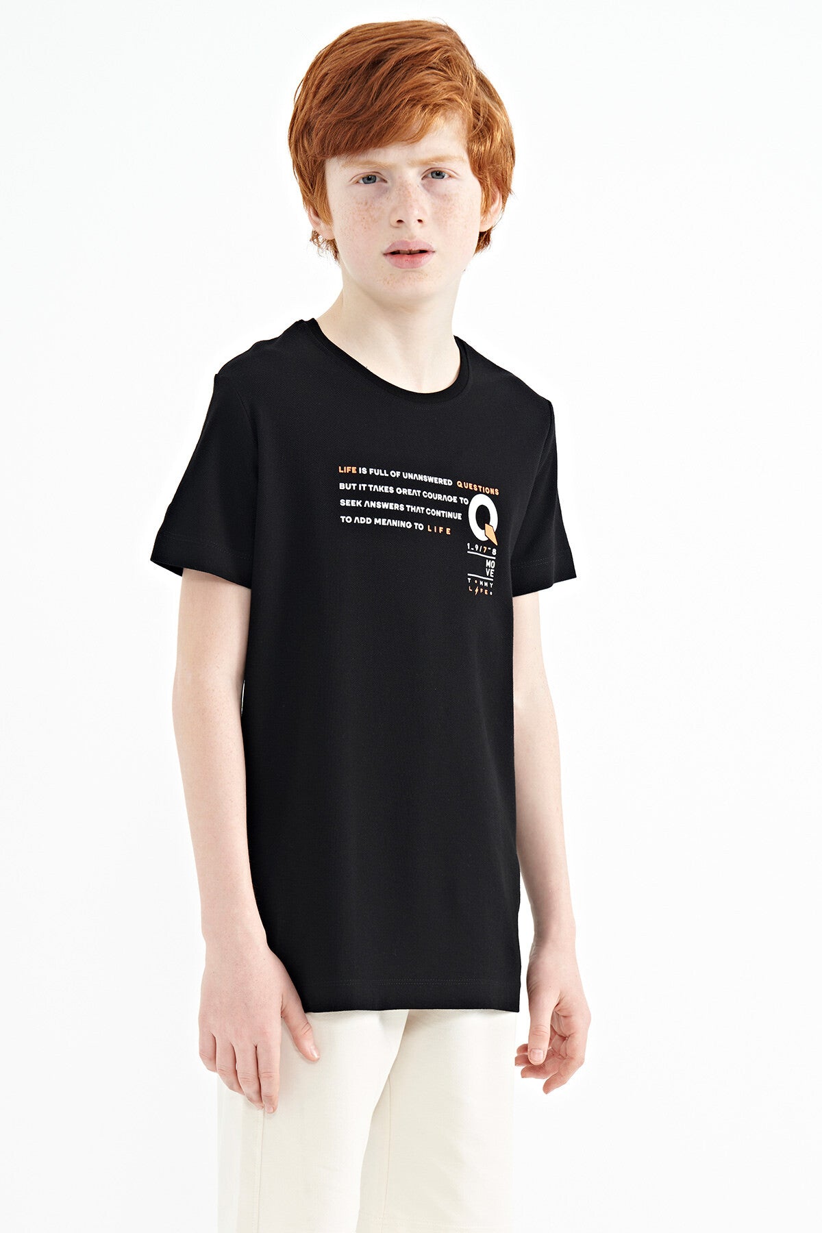 Black Print Detailed O Collar Standard Fit Boys' T-Shirt - 11145