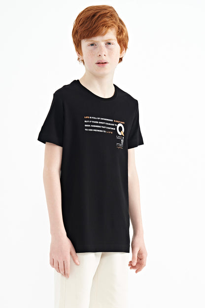 Black Print Detailed O Collar Standard Fit Boys' T-Shirt - 11145