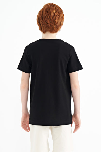 Black Print Detailed O Collar Standard Fit Boys' T-Shirt - 11145