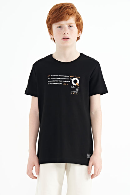 Black Print Detailed O Collar Standard Fit Boys' T-Shirt - 11145