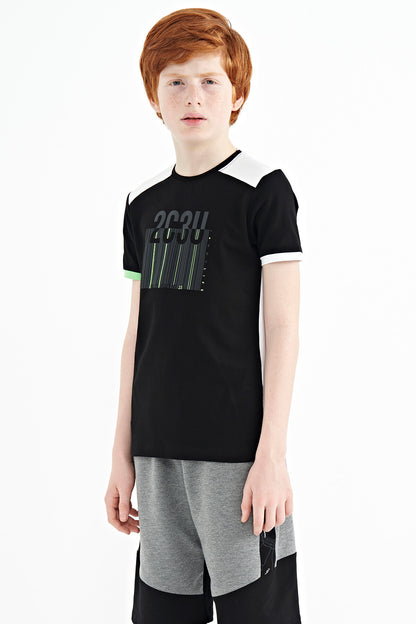 Black Print Detailed O Collar Standard Fit Boys T-Shirt - 11157