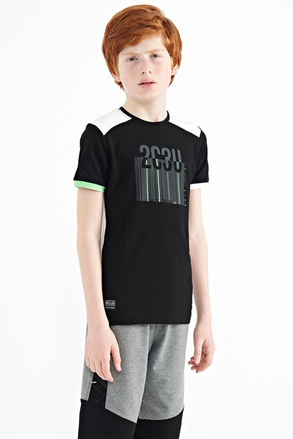 Black Print Detailed O Collar Standard Fit Boys T-Shirt - 11157