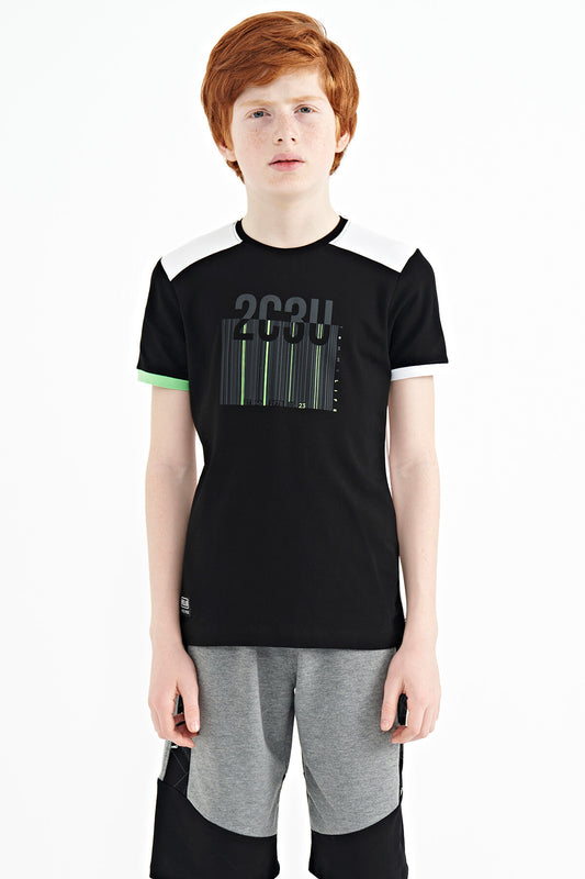 Black Print Detailed O Collar Standard Fit Boys T-Shirt - 11157