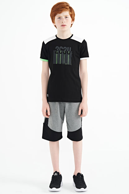 Black Print Detailed O Collar Standard Fit Boys T-Shirt - 11157
