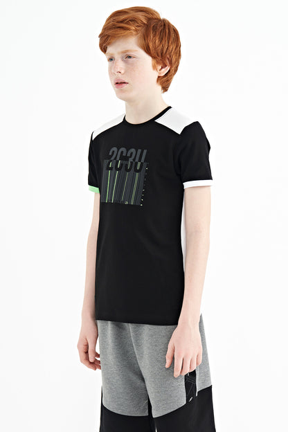 Black Print Detailed O Collar Standard Fit Boys T-Shirt - 11157