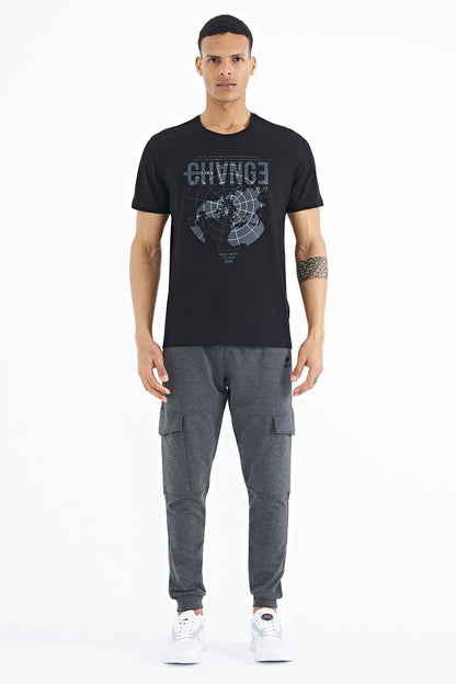 Black Print Detailed O Collar Standard Fit Men's T-Shirt - 88214