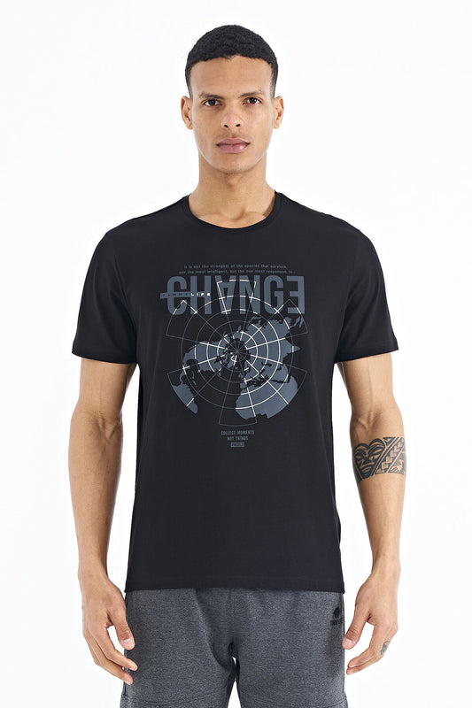 Black Print Detailed O Collar Standard Fit Men's T-Shirt - 88214