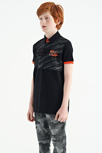 Black Print Detailed Polo Collar Standard Fit Boys' T-Shirt - 11161