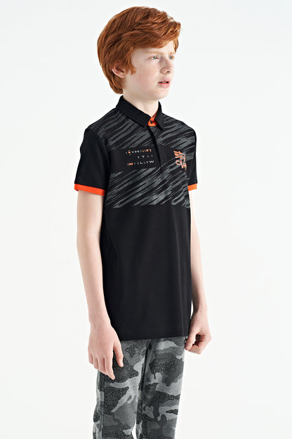 Black Print Detailed Polo Collar Standard Fit Boys' T-Shirt - 11161