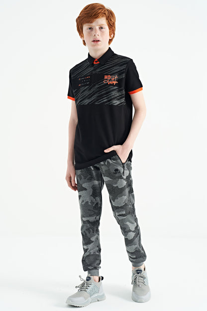 Black Print Detailed Polo Collar Standard Fit Boys' T-Shirt - 11161