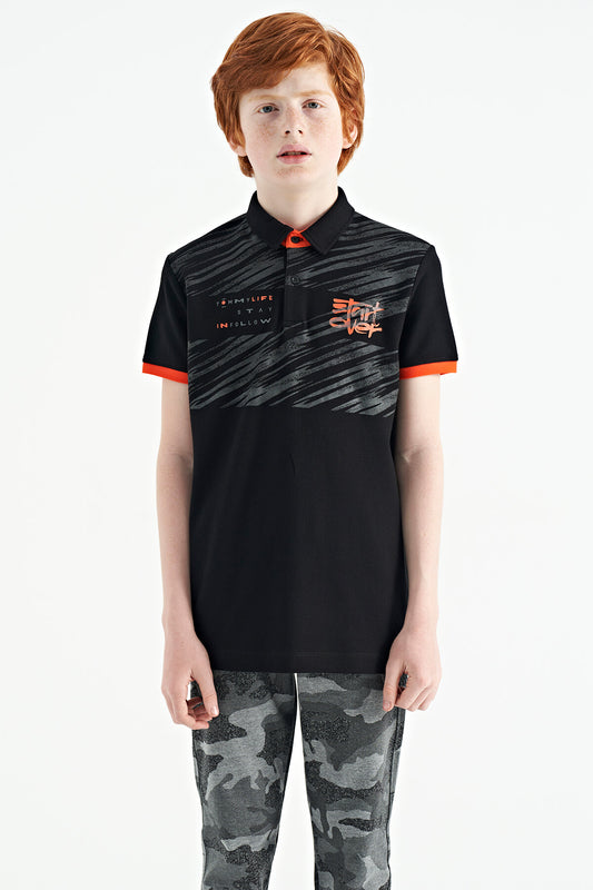Black Print Detailed Polo Collar Standard Fit Boys' T-Shirt - 11161