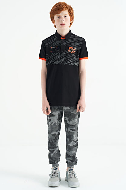 Black Print Detailed Polo Collar Standard Fit Boys' T-Shirt - 11161