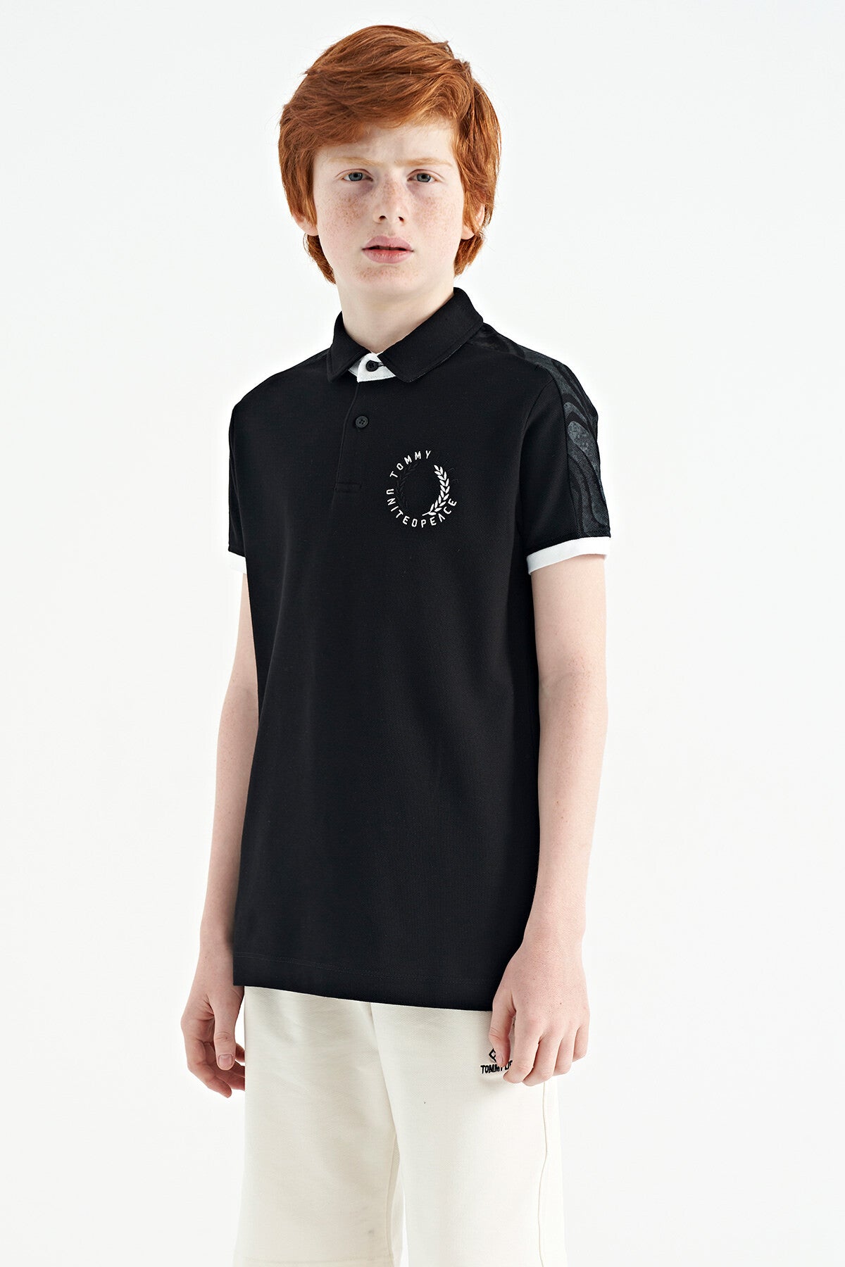Black Print Detailed Polo Collar Standard Cut Boys' T-Shirt - 11166