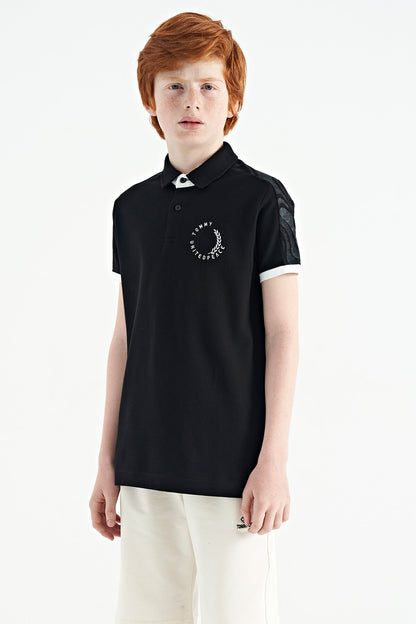 Black Print Detailed Polo Collar Standard Cut Boys' T-Shirt - 11166