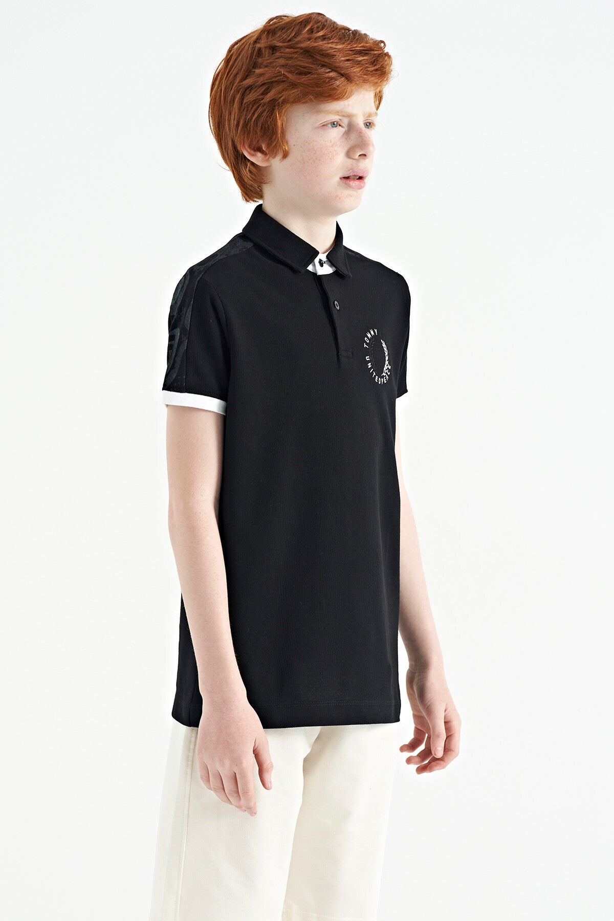 Black Print Detailed Polo Collar Standard Cut Boys' T-Shirt - 11166
