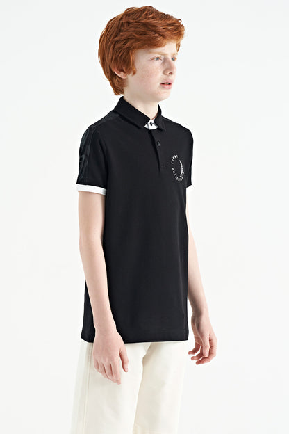 Black Print Detailed Polo Collar Standard Cut Boys' T-Shirt - 11166