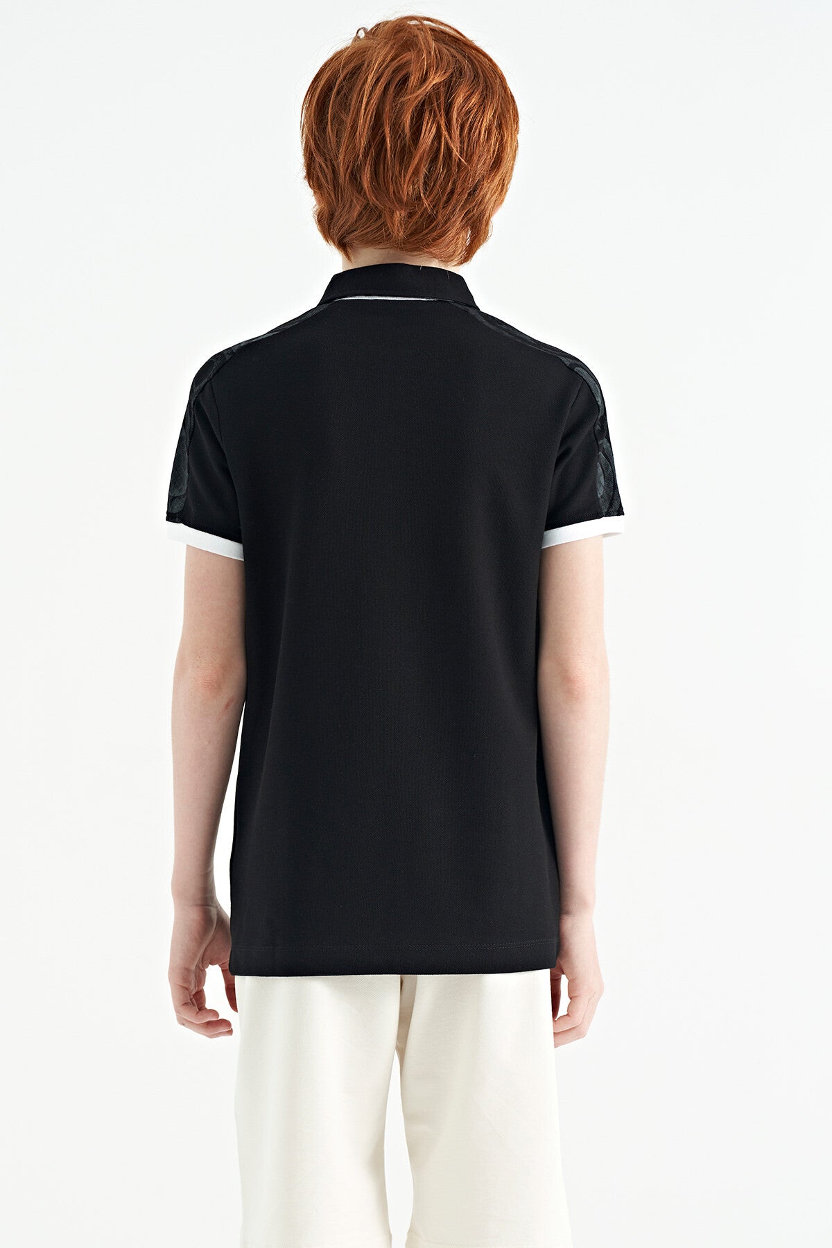 Black Print Detailed Polo Collar Standard Cut Boys' T-Shirt - 11166