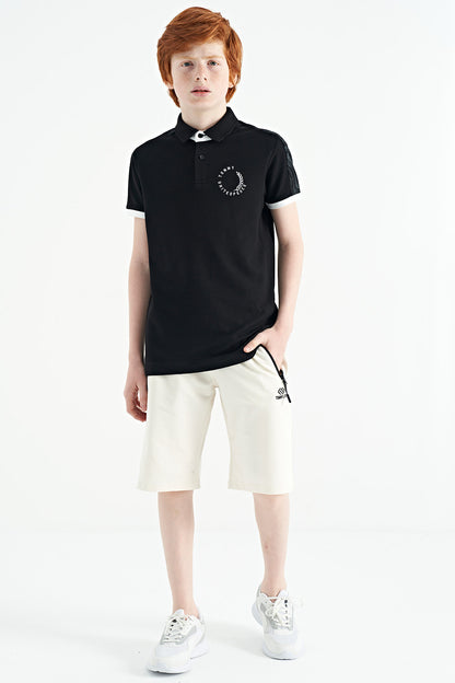 Black Print Detailed Polo Collar Standard Cut Boys' T-Shirt - 11166