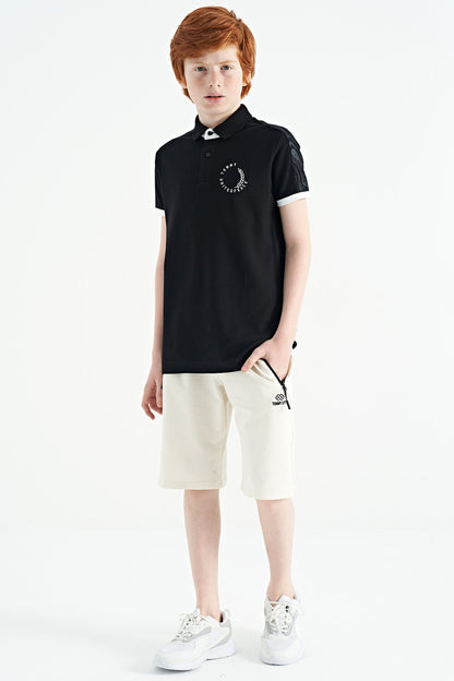 Black Print Detailed Polo Collar Standard Cut Boys' T-Shirt - 11166
