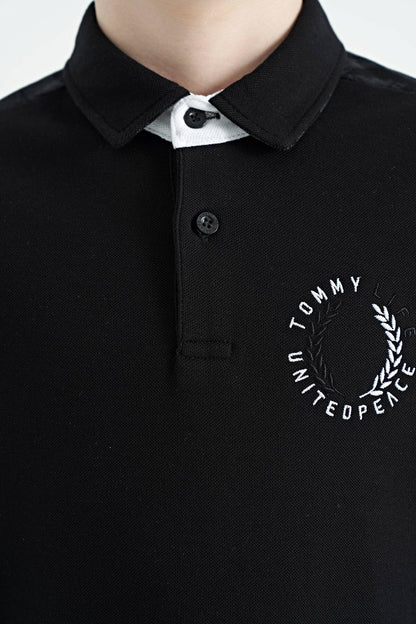 Black Print Detailed Polo Collar Standard Cut Boys' T-Shirt - 11166