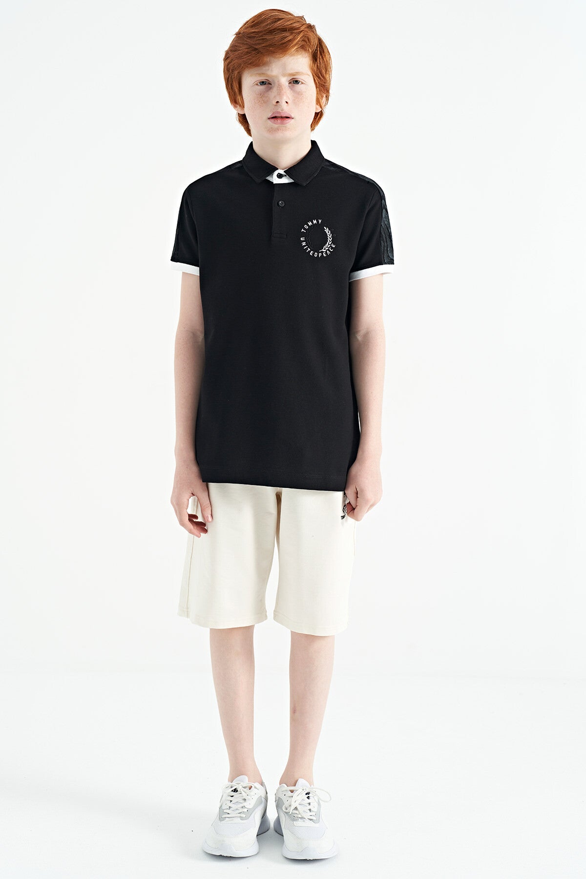 Black Print Detailed Polo Collar Standard Cut Boys' T-Shirt - 11166