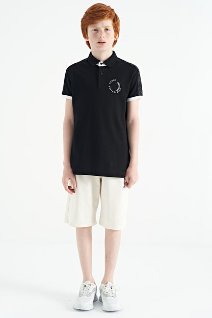 Black Print Detailed Polo Collar Standard Cut Boys' T-Shirt - 11166
