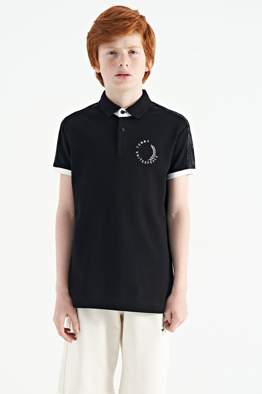 Black Print Detailed Polo Collar Standard Cut Boys' T-Shirt - 11166