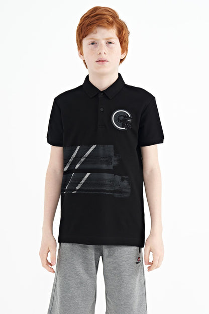 Black Print Detailed Polo Collar Standard Fit Boys T-Shirt - 11094