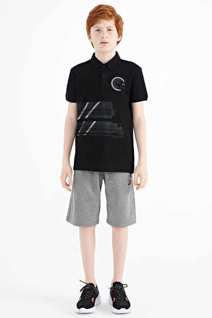 Black Print Detailed Polo Collar Standard Fit Boys T-Shirt - 11094