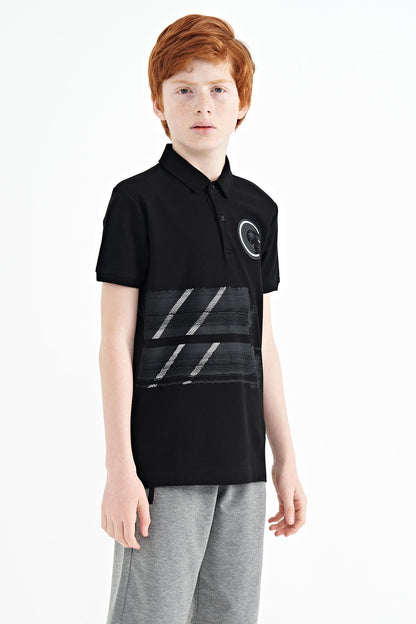 Black Print Detailed Polo Collar Standard Fit Boys T-Shirt - 11094