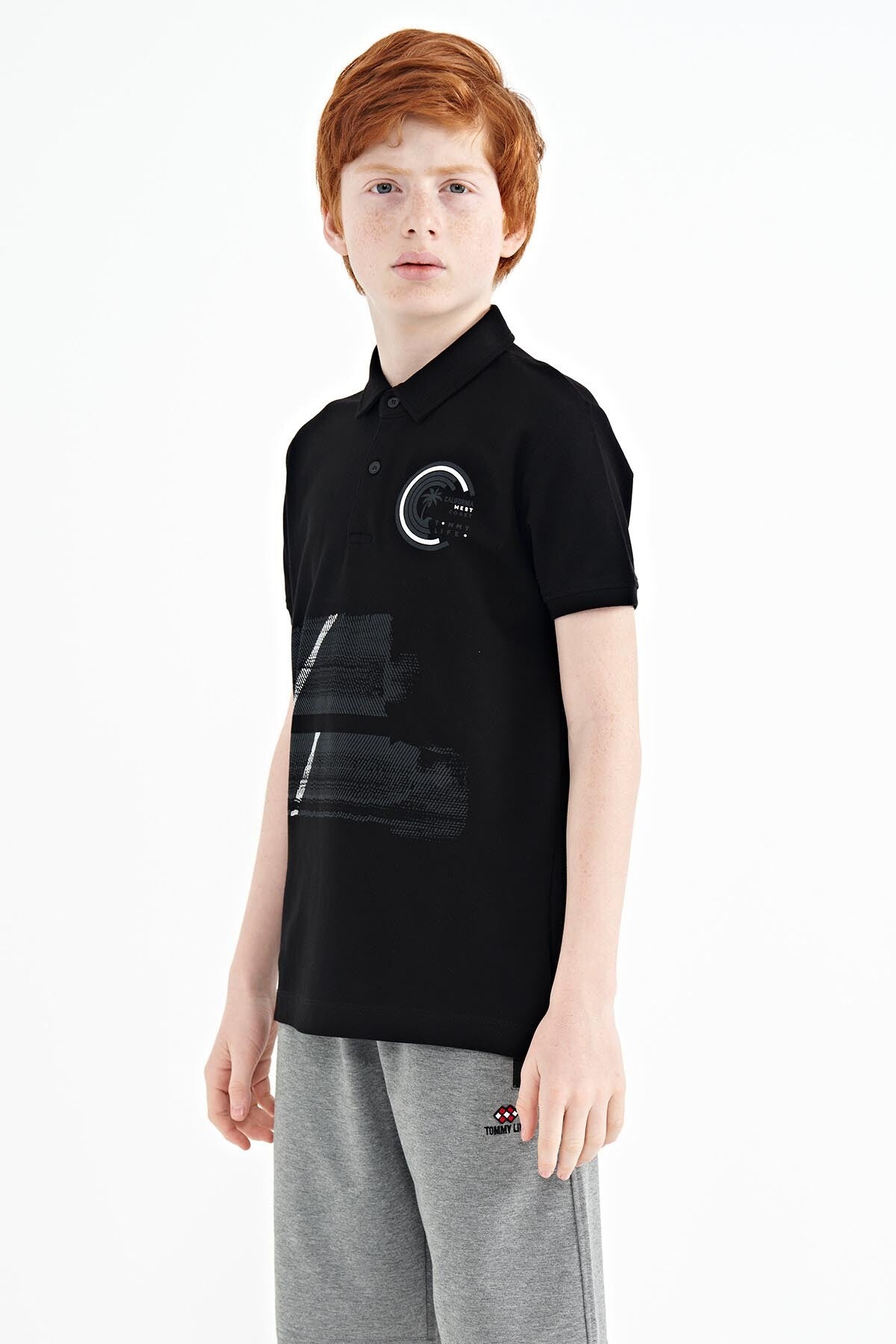 Black Print Detailed Polo Collar Standard Fit Boys T-Shirt - 11094