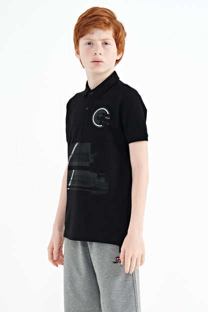 Black Print Detailed Polo Collar Standard Fit Boys T-Shirt - 11094
