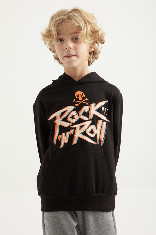 Black Print Kangaroo Pocket Hooded Standard Fit Boys' Sweatshirt - 11002