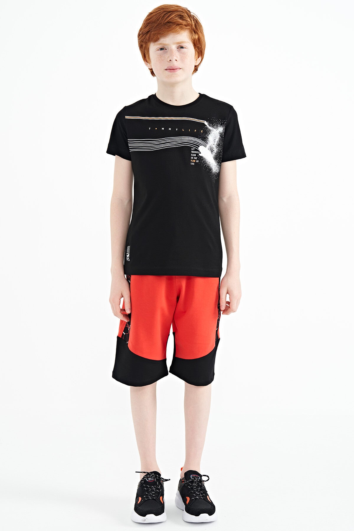 Black Print Detailed Standard Mold O Collar Boys T-Shirt - 11133