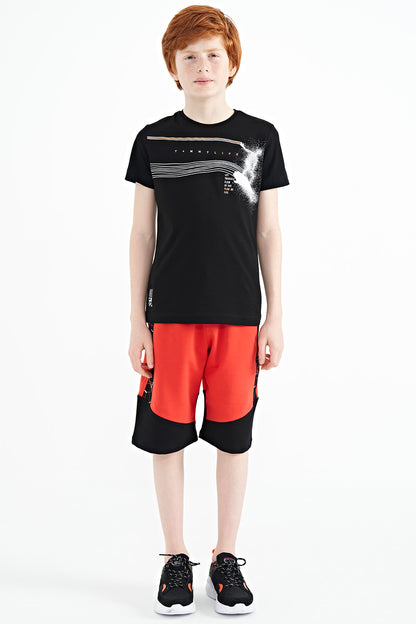 Black Print Detailed Standard Mold O Collar Boys T-Shirt - 11133