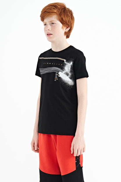 Black Print Detailed Standard Mold O Collar Boys T-Shirt - 11133