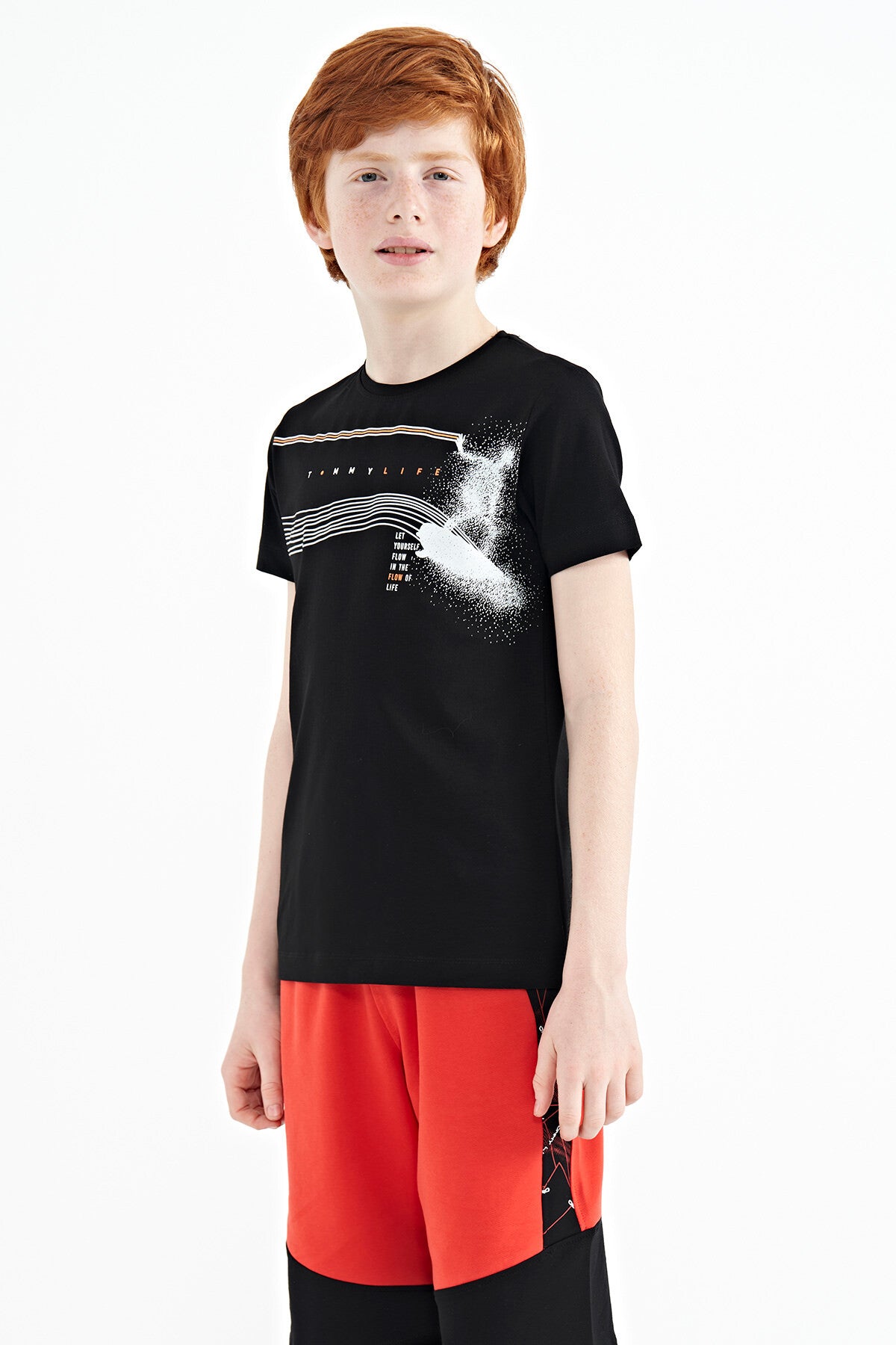 Black Print Detailed Standard Mold O Collar Boys T-Shirt - 11133
