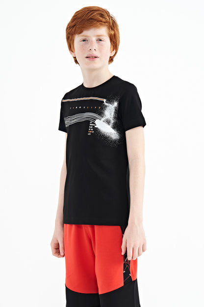 Black Print Detailed Standard Mold O Collar Boys T-Shirt - 11133