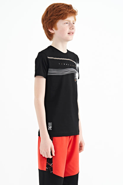 Black Print Detailed Standard Mold O Collar Boys T-Shirt - 11133