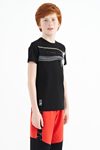 Black Print Detailed Standard Mold O Collar Boys T-Shirt - 11133