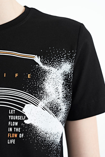 Black Print Detailed Standard Mold O Collar Boys T-Shirt - 11133