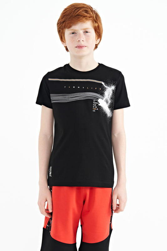 Black Print Detailed Standard Mold O Collar Boys T-Shirt - 11133