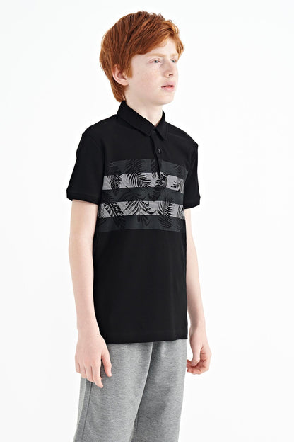 Black Print Detailed Standard Mold Polo Collar Boys T-Shirt - 11101