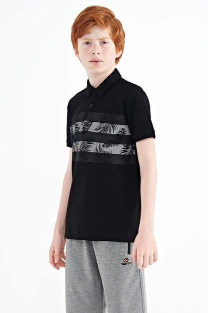 Black Print Detailed Standard Mold Polo Collar Boys T-Shirt - 11101