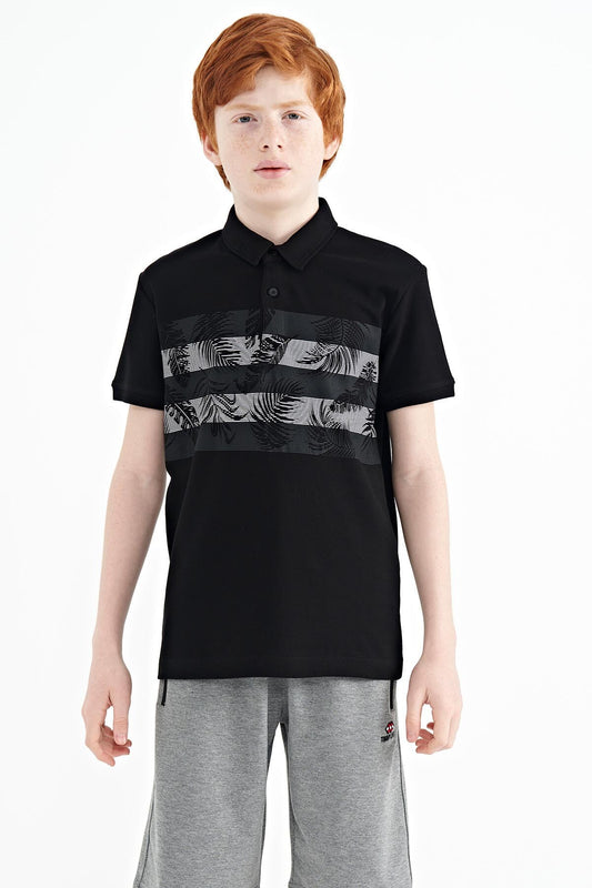Black Print Detailed Standard Mold Polo Collar Boys T-Shirt - 11101