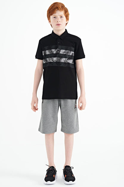 Black Print Detailed Standard Mold Polo Collar Boys T-Shirt - 11101