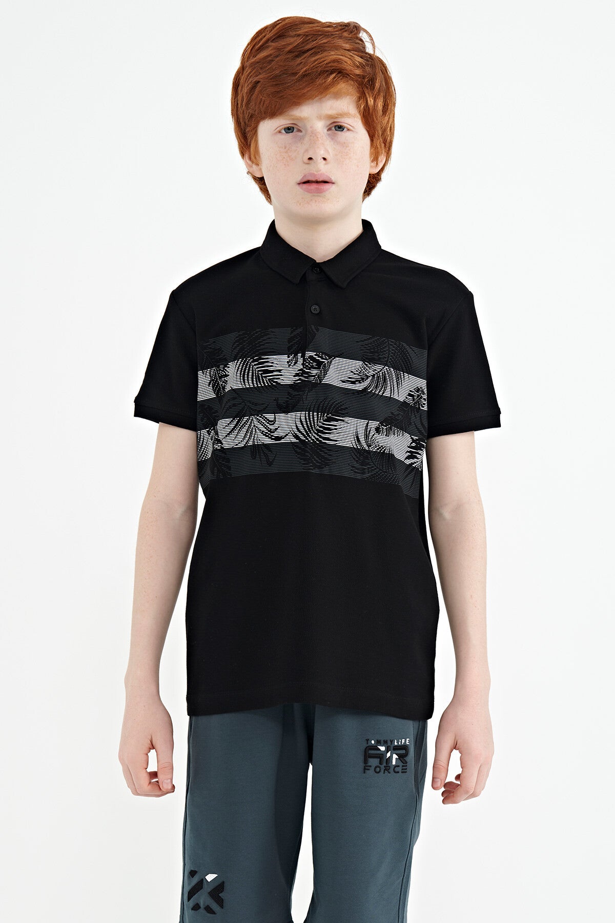 Black Print Detailed Standard Mold Polo Collar Boys T-Shirt - 11101